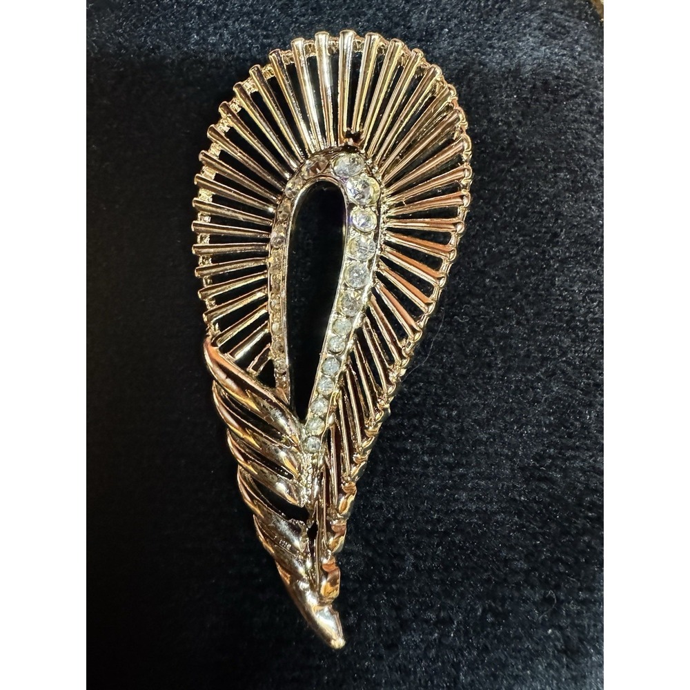 Vintage Gold Tone‎ Rhinestone Feather Swirl Brooch Mid Century Statement Pin